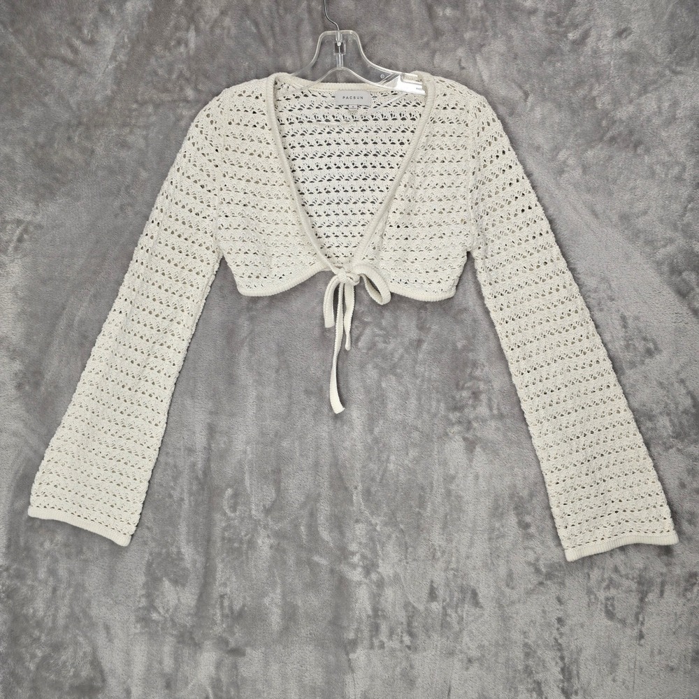 PacSun Shrug Knit Sweater Womens Small White Crochet Open Tie Front Bolero Top